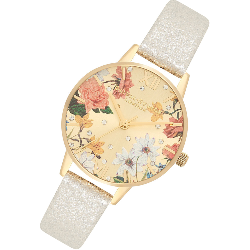 Olivia Burton Shimmer Pearl Leather Pale Gold & Floral Dial Ladies Watch