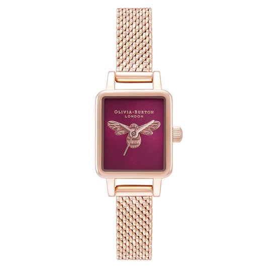 Olivia Burton Ionic Rose Gold Plated Steel Burgundy Sunray & Bee Dial Ladies Watch