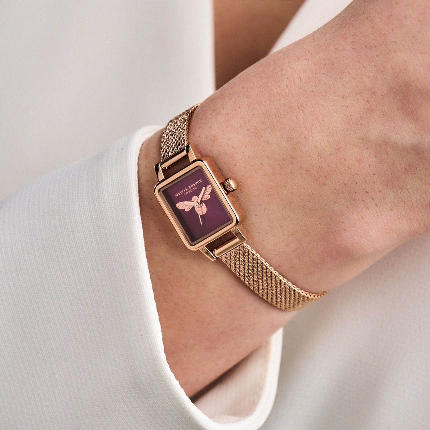 Olivia Burton Ionic Rose Gold Plated Steel Burgundy Sunray & Bee Dial Ladies Watch