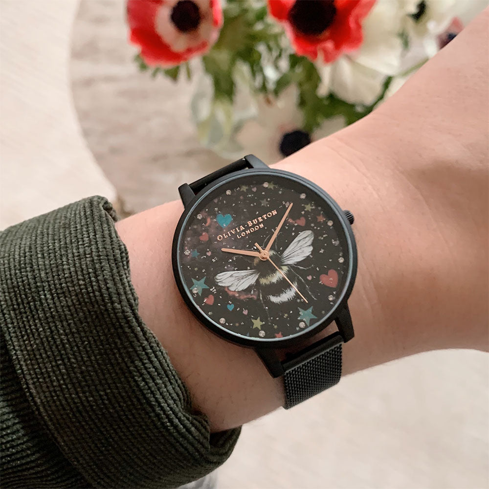 Olivia Burton Ionic Plated Black Steel White Mother Of Pearl & 3D Print & Stone Dial Ladies Watch