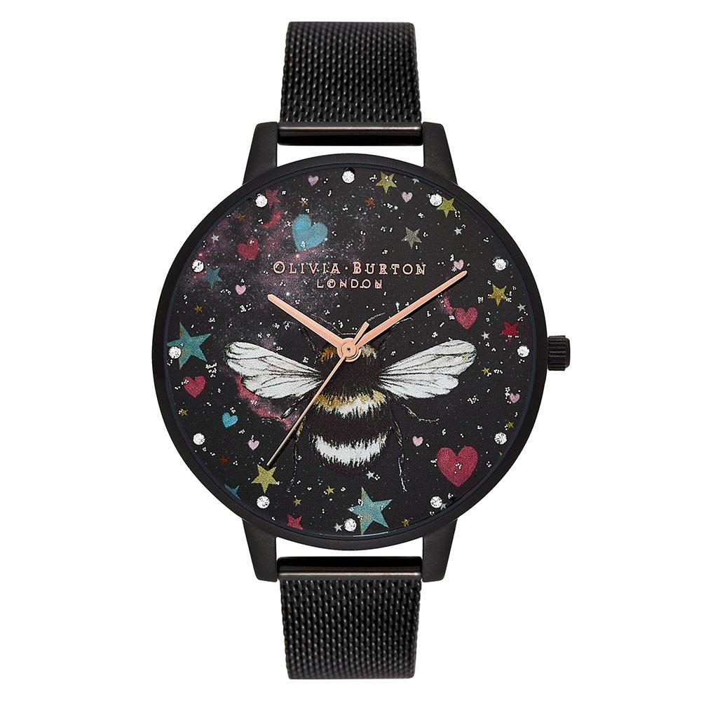 Olivia Burton Ionic Plated Black Steel White Mother Of Pearl & 3D Print & Stone Dial Ladies Watch