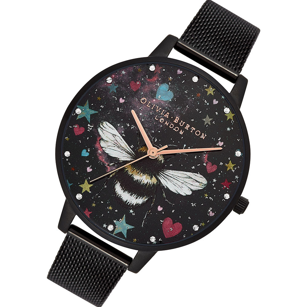 Olivia Burton Ionic Plated Black Steel White Mother Of Pearl & 3D Print & Stone Dial Ladies Watch