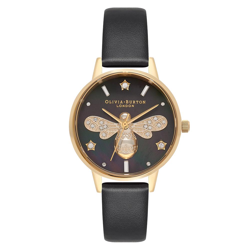 Olivia Burton Black Leather Black Mother-Of-Pearl Dial Ladies Watch