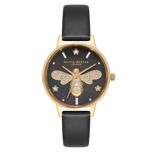 Olivia Burton Black Leather Black Mother-Of-Pearl Dial Ladies Watch