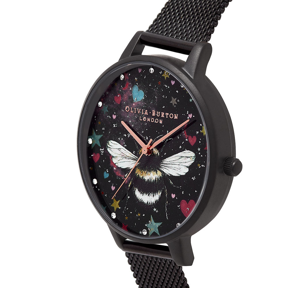 Olivia Burton Ionic Plated Black Steel White Mother Of Pearl & 3D Print & Stone Dial Ladies Watch